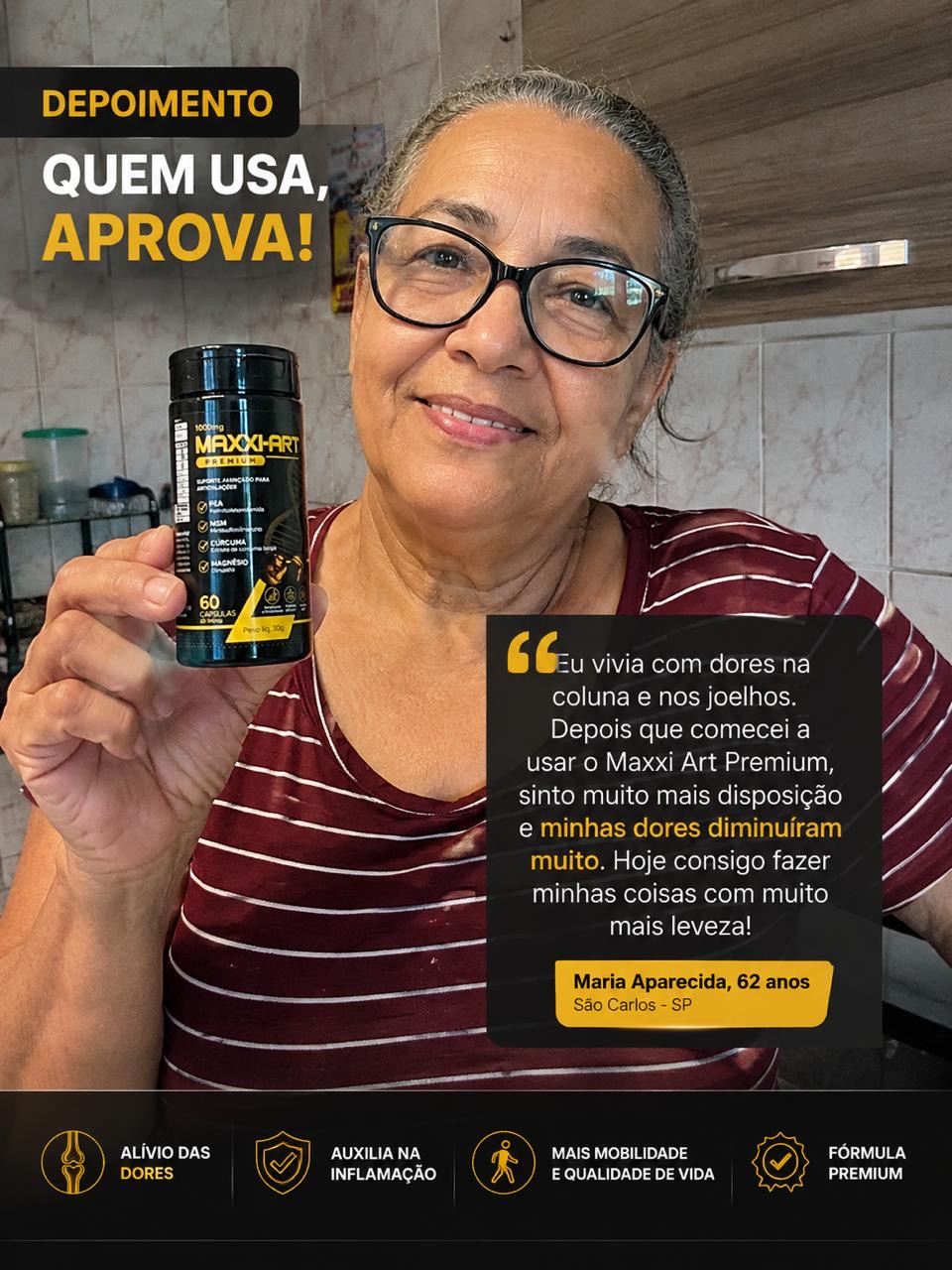 Cliente Maria Aparecida segurando o Maxxi Art Premium